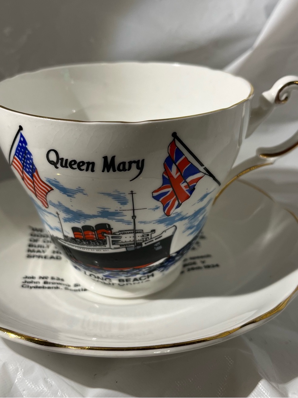 Queen Mary Regency English Bone China Long Beach Ca. Teacup & Saucer Souvenir